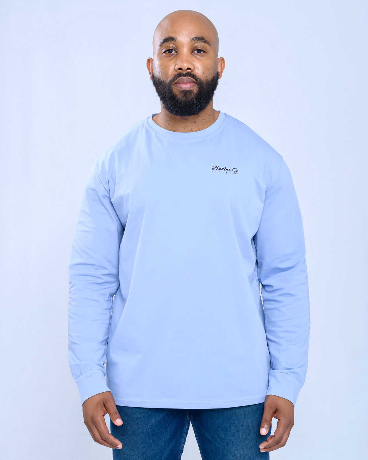 Men's Oversized Blue Active Long Sleeve Top - Cotton Blend Gym Shirt | BARBU G