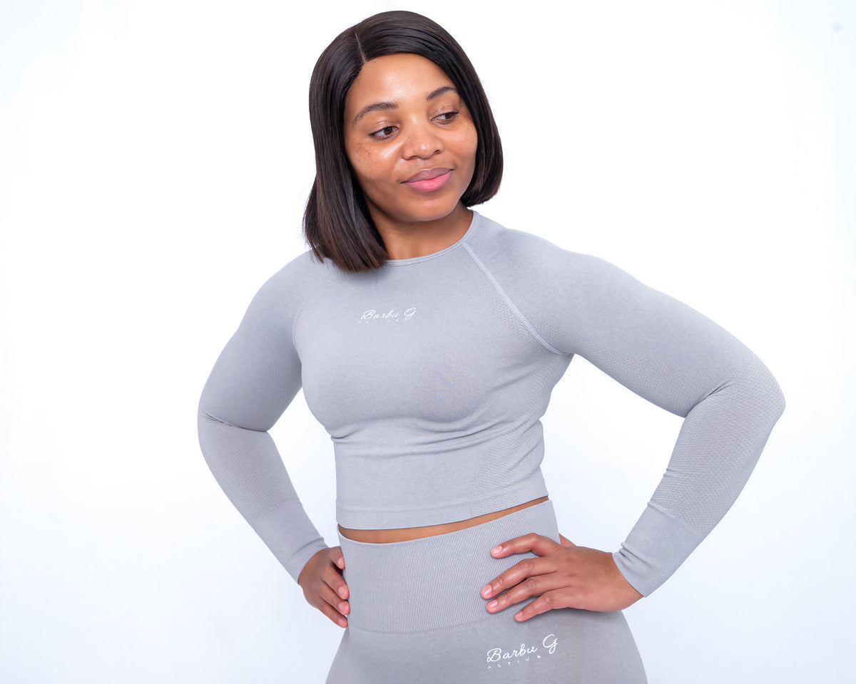 Women's Grey Long Sleeve Crop Top - Seamless Active Gym Top | BARBU G