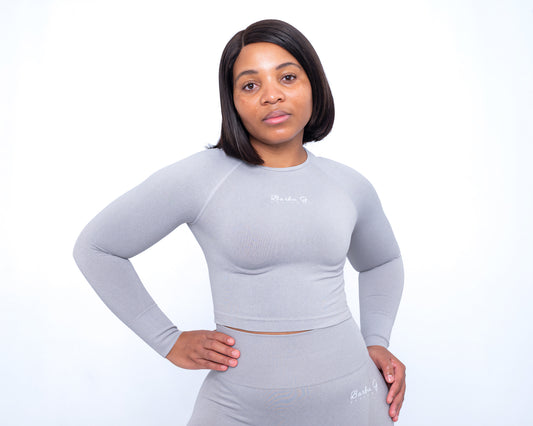 Women's Grey Long Sleeve Crop Top - Seamless Active Gym Top | BARBU G